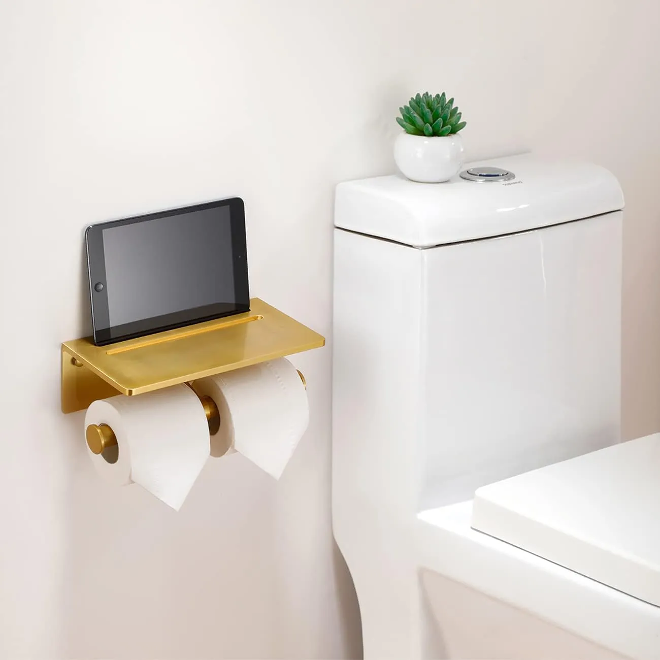 Smarthome Double Toilet Paper Holder with Shelf, Commercial Toilet Paper Roll Dispenser Wall Mount with Cell Phone Storage Rack, Aluminium Fits Mega Roll Dual Toilet Paper Tissue Holder Brushed Gold