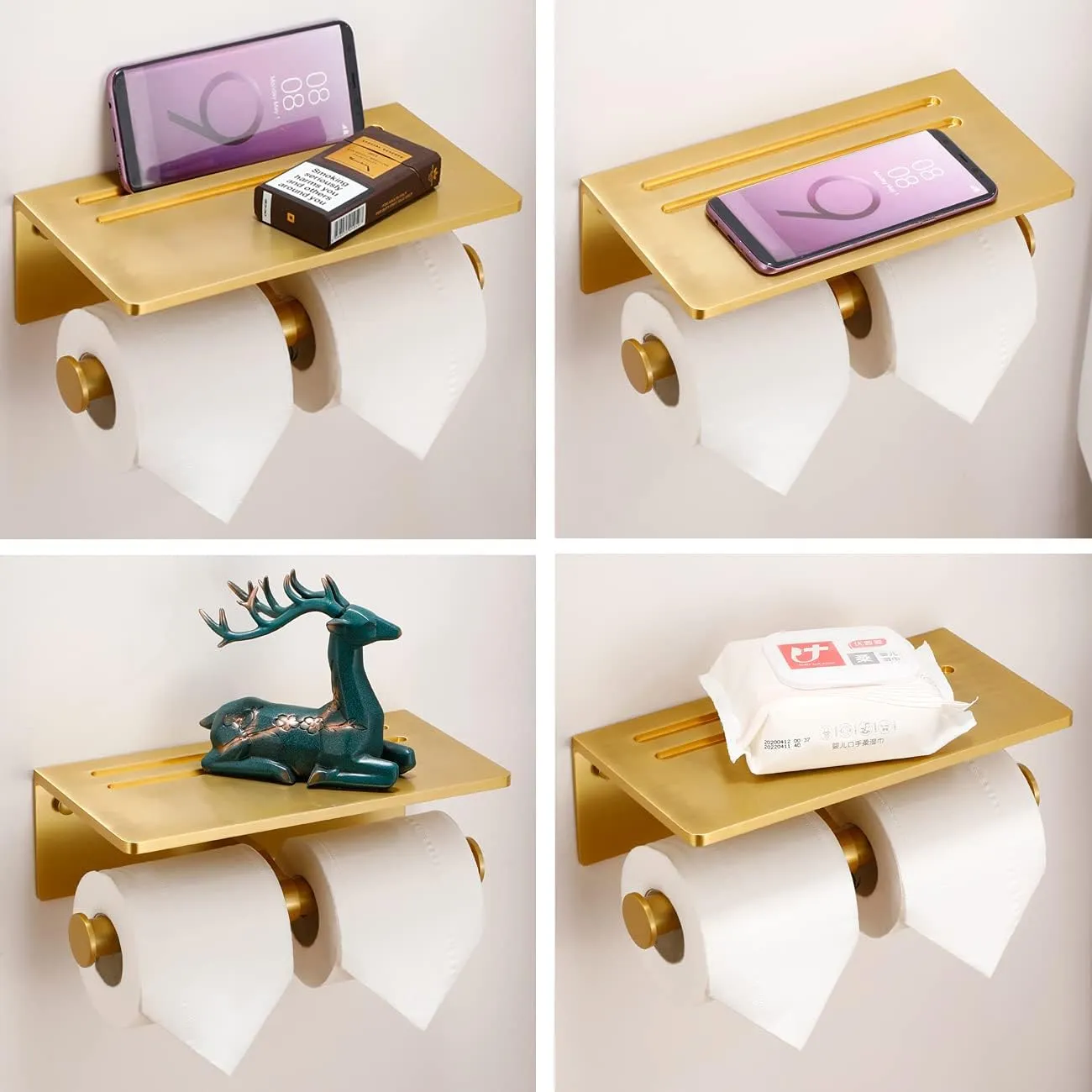 Smarthome Double Toilet Paper Holder with Shelf, Commercial Toilet Paper Roll Dispenser Wall Mount with Cell Phone Storage Rack, Aluminium Fits Mega Roll Dual Toilet Paper Tissue Holder Brushed Gold