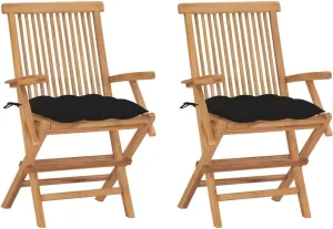 Solid Teak Wood Patio Chairs with Black Cushions 2-Piece Set, Foldable Outdoor Furniture for Garden Poolside Backyard, Weather-Resistant Wooden Lounge Chairs