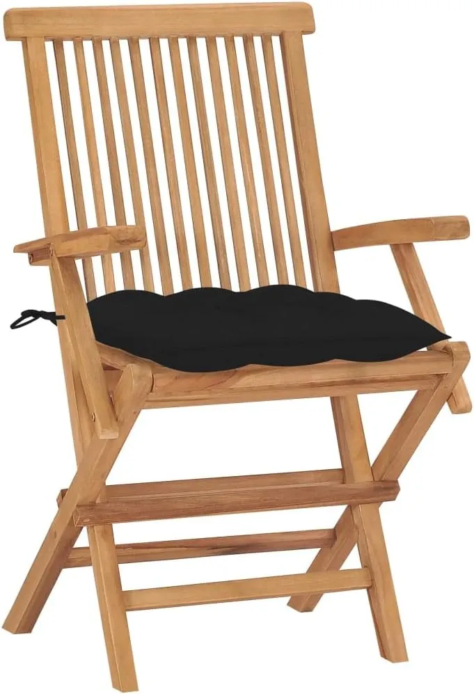 Solid Teak Wood Patio Chairs with Black Cushions 2-Piece Set, Foldable Outdoor Furniture for Garden Poolside Backyard, Weather-Resistant Wooden Lounge Chairs