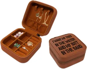 Speedy Pros Engraved Leather Jewelry Box I Want My Toes and My Butt in The Sand Nature Ocean & Beach Travel Earring Case for Women Caramel