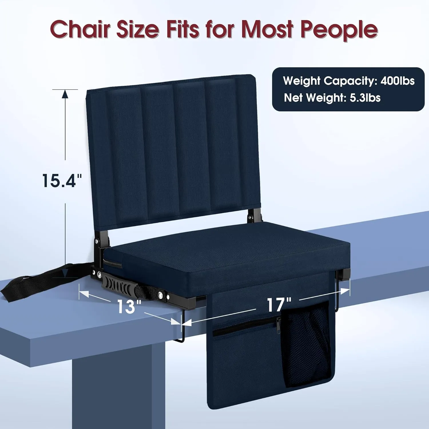 Stadium Seat for Bleachers with Back Support, Portable Bleacher Seat with Wide Comfy Padded Cushion, Metal Hook, Folding Stadium Chair with Shoulder Strap, Carry Handle, Cup Holder