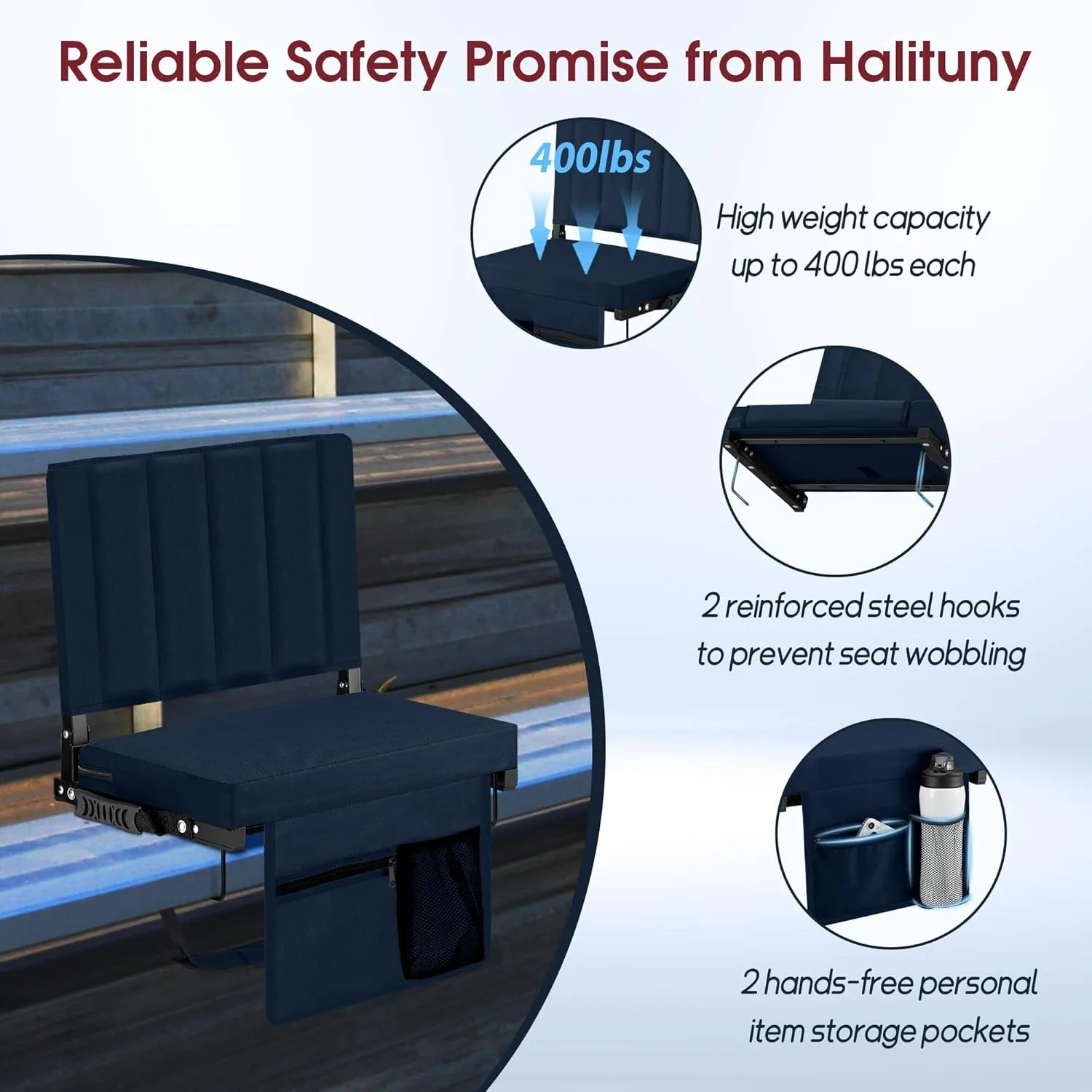 Stadium Seat for Bleachers with Back Support, Portable Bleacher Seat with Wide Comfy Padded Cushion, Metal Hook, Folding Stadium Chair with Shoulder Strap, Carry Handle, Cup Holder