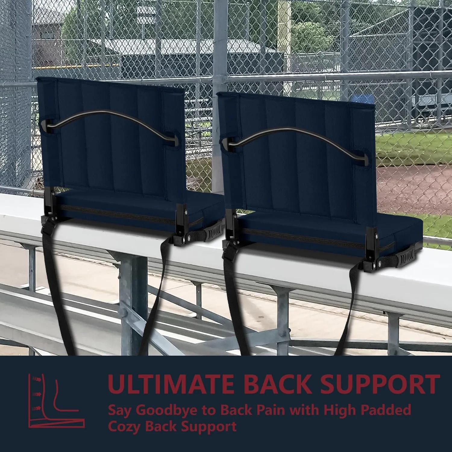 Stadium Seat for Bleachers with Back Support, Portable Bleacher Seat with Wide Comfy Padded Cushion, Metal Hook, Folding Stadium Chair with Shoulder Strap, Carry Handle, Cup Holder