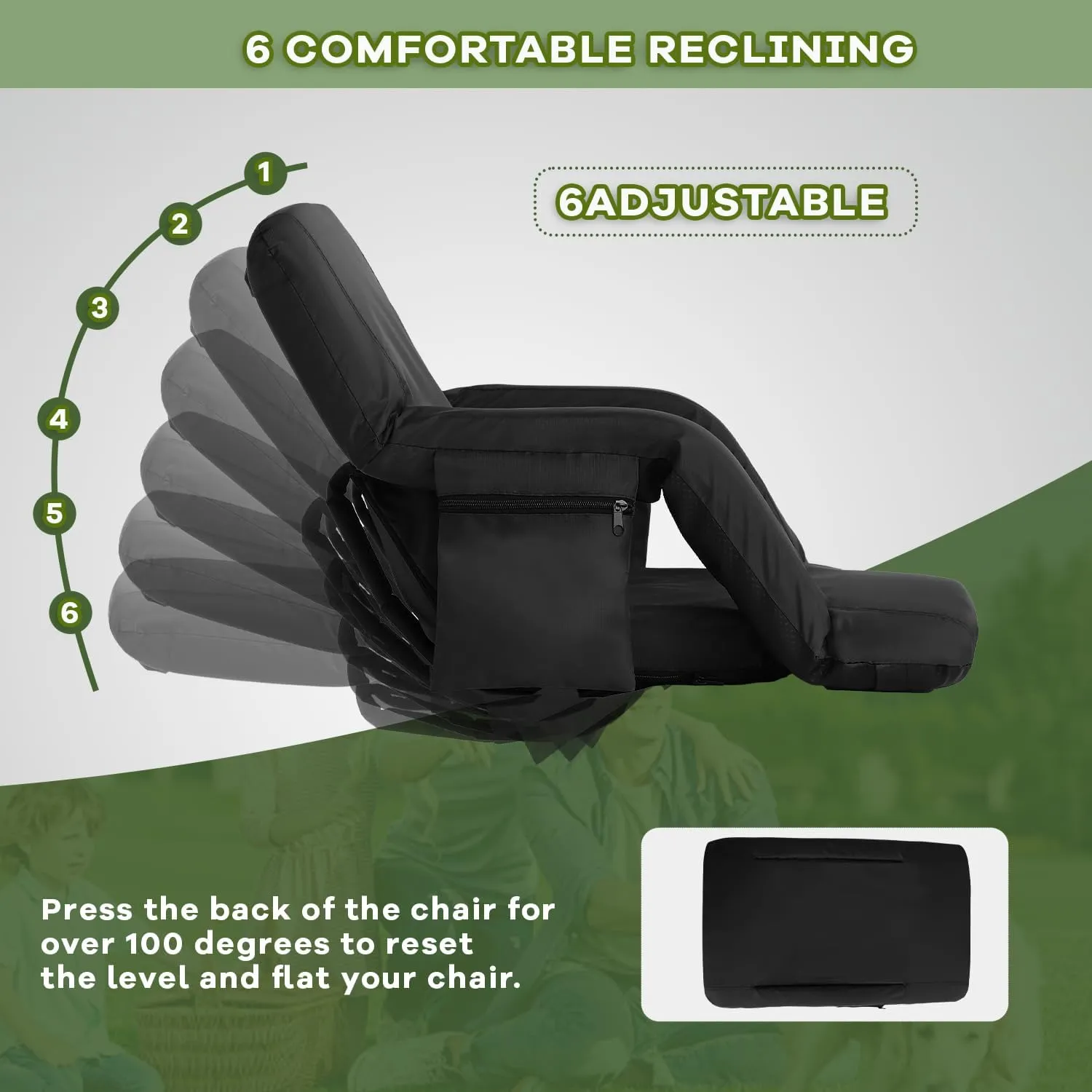 Stadium Seats for Bleachers-3 Heat Settings Backrest&Seat Cushion with Support, Portable Folding Stadium Chair with 6 Reclining, Storage Cup Holder for Football Games/Camping/Concerts (Regular, Black)