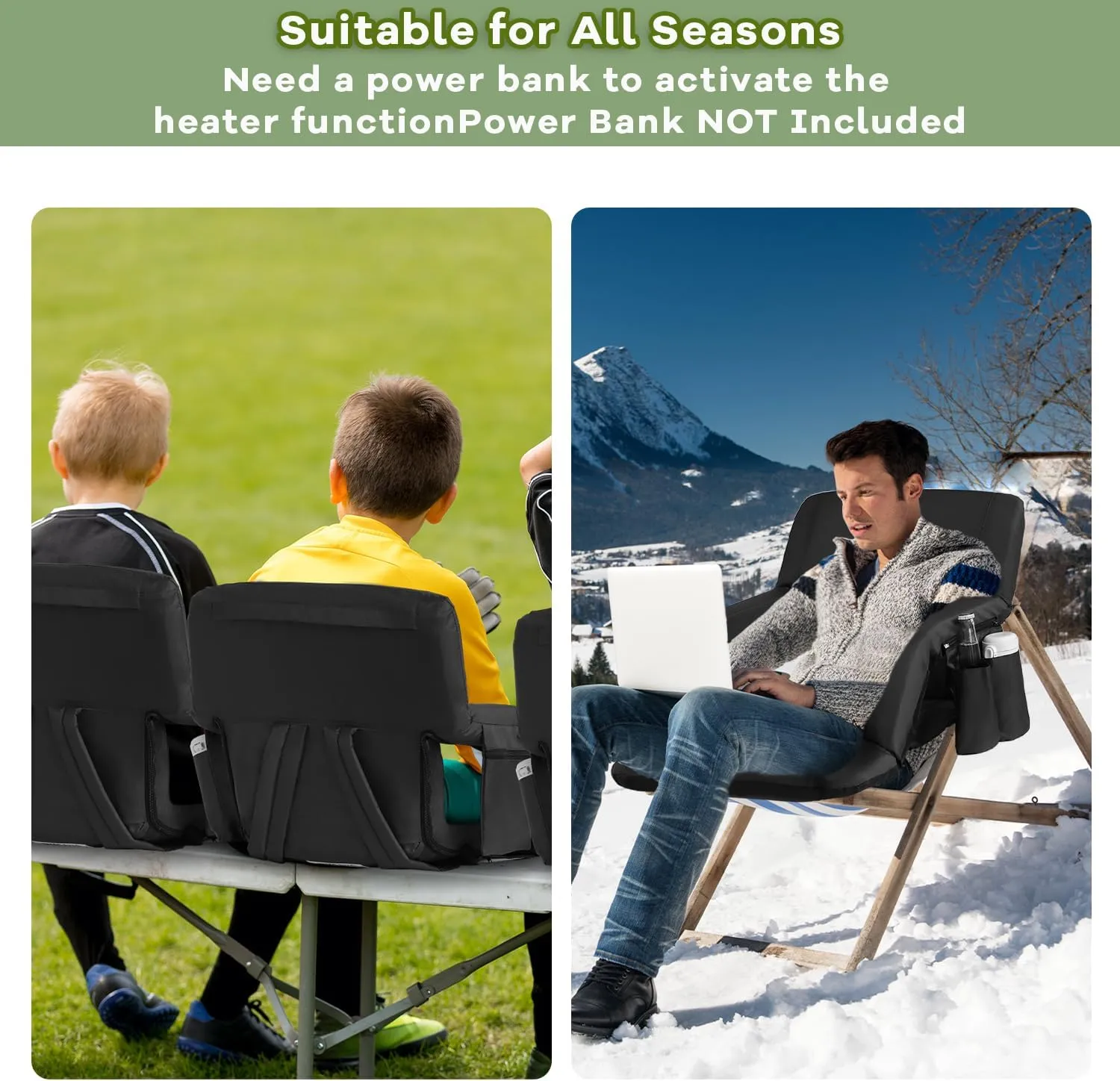 Stadium Seats for Bleachers-3 Heat Settings Backrest&Seat Cushion with Support, Portable Folding Stadium Chair with 6 Reclining, Storage Cup Holder for Football Games/Camping/Concerts (Regular, Black)