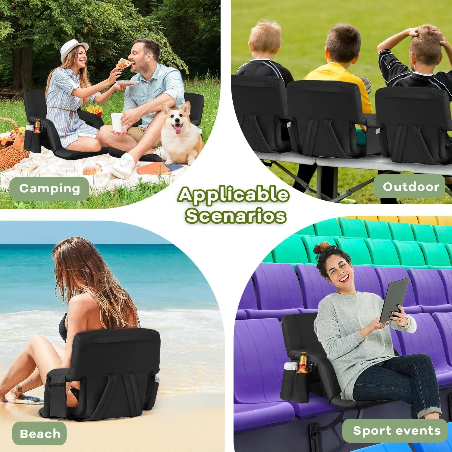 Stadium Seats for Bleachers-3 Heat Settings Backrest&Seat Cushion with Support, Portable Folding Stadium Chair with 6 Reclining, Storage Cup Holder for Football Games/Camping/Concerts (Regular, Black)