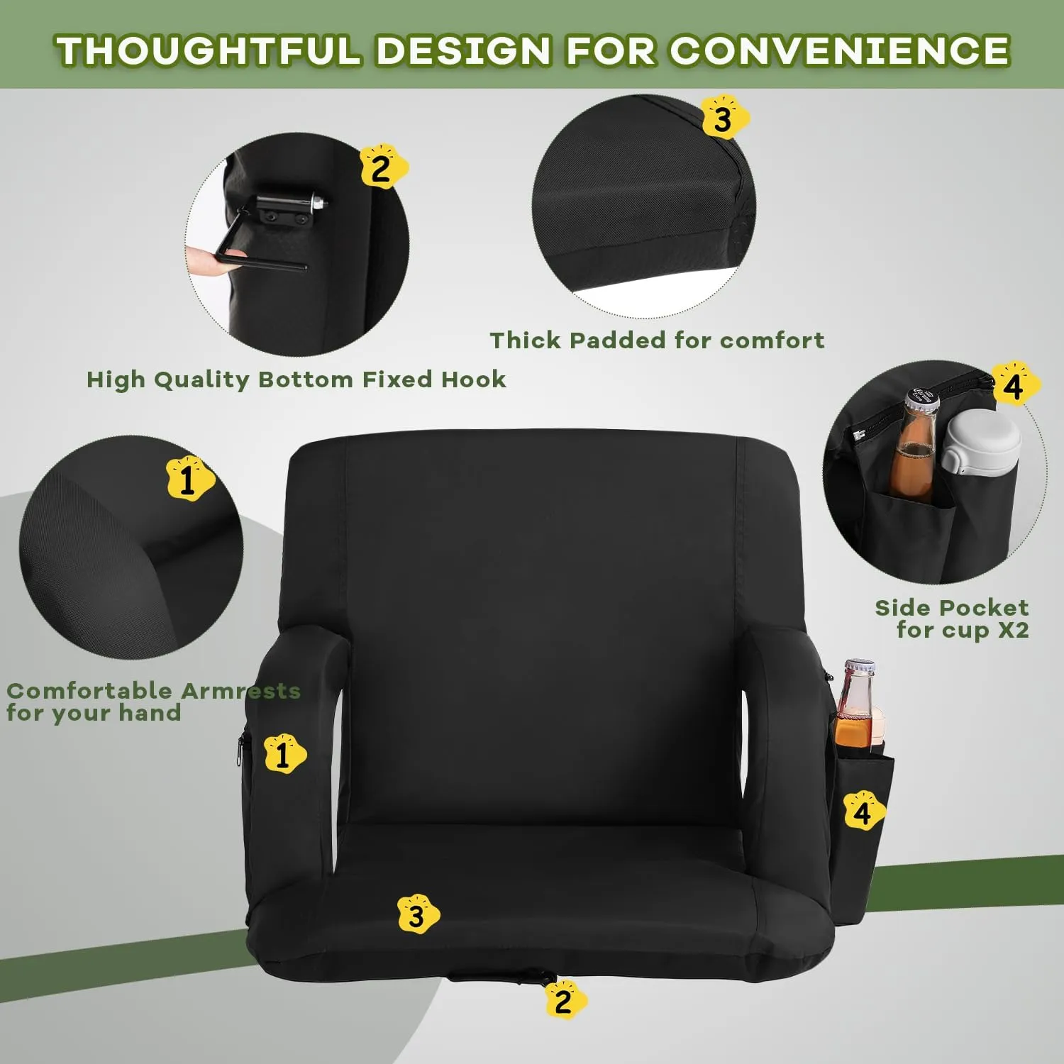 Stadium Seats for Bleachers-3 Heat Settings Backrest&Seat Cushion with Support, Portable Folding Stadium Chair with 6 Reclining, Storage Cup Holder for Football Games/Camping/Concerts (Regular, Black)