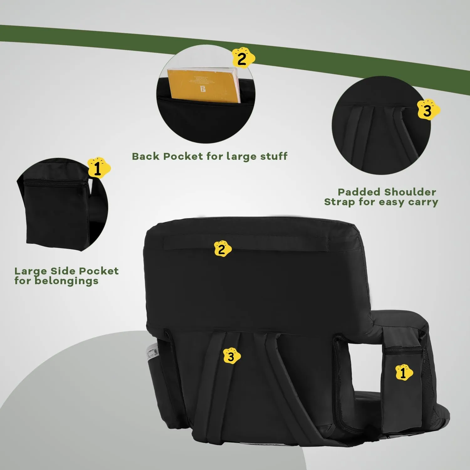 Stadium Seats for Bleachers-3 Heat Settings Backrest&Seat Cushion with Support, Portable Folding Stadium Chair with 6 Reclining, Storage Cup Holder for Football Games/Camping/Concerts (Regular, Black)