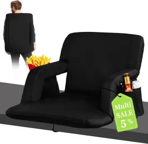 Stadium Seats for Bleachers-3 Heat Settings Backrest&Seat Cushion with Support, Portable Folding Stadium Chair with 6 Reclining, Storage Cup Holder for Football Games/Camping/Concerts (Regular, Black)