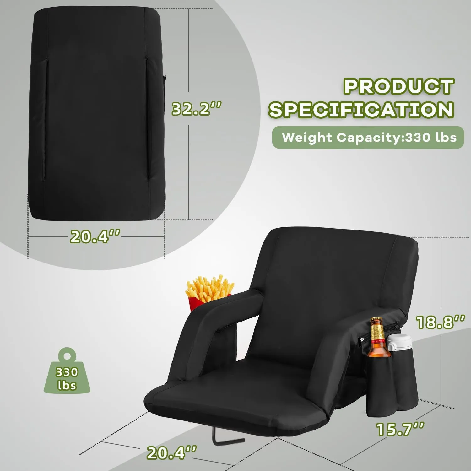 Stadium Seats for Bleachers-3 Heat Settings Backrest&Seat Cushion with Support, Portable Folding Stadium Chair with 6 Reclining, Storage Cup Holder for Football Games/Camping/Concerts (Regular, Black)