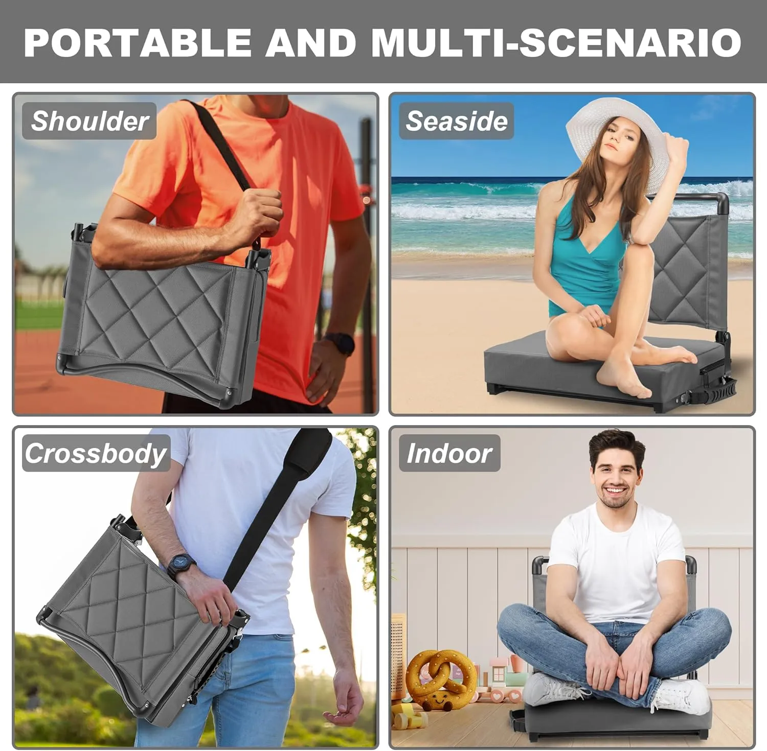 Stadium Seats with Back Support Cushion, Folding Stadium Seats for Bleachers Hold up 400lbs, Wide Bleacher Seat with Shoulder Strap & Handle Comfort for Sports Events (Gray, 2pcs)