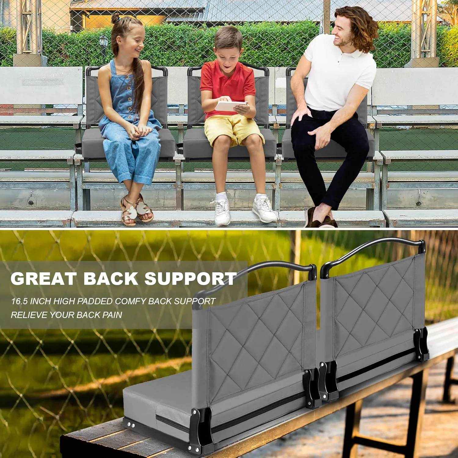 Stadium Seats with Back Support Cushion, Folding Stadium Seats for Bleachers Hold up 400lbs, Wide Bleacher Seat with Shoulder Strap & Handle Comfort for Sports Events (Gray, 2pcs)