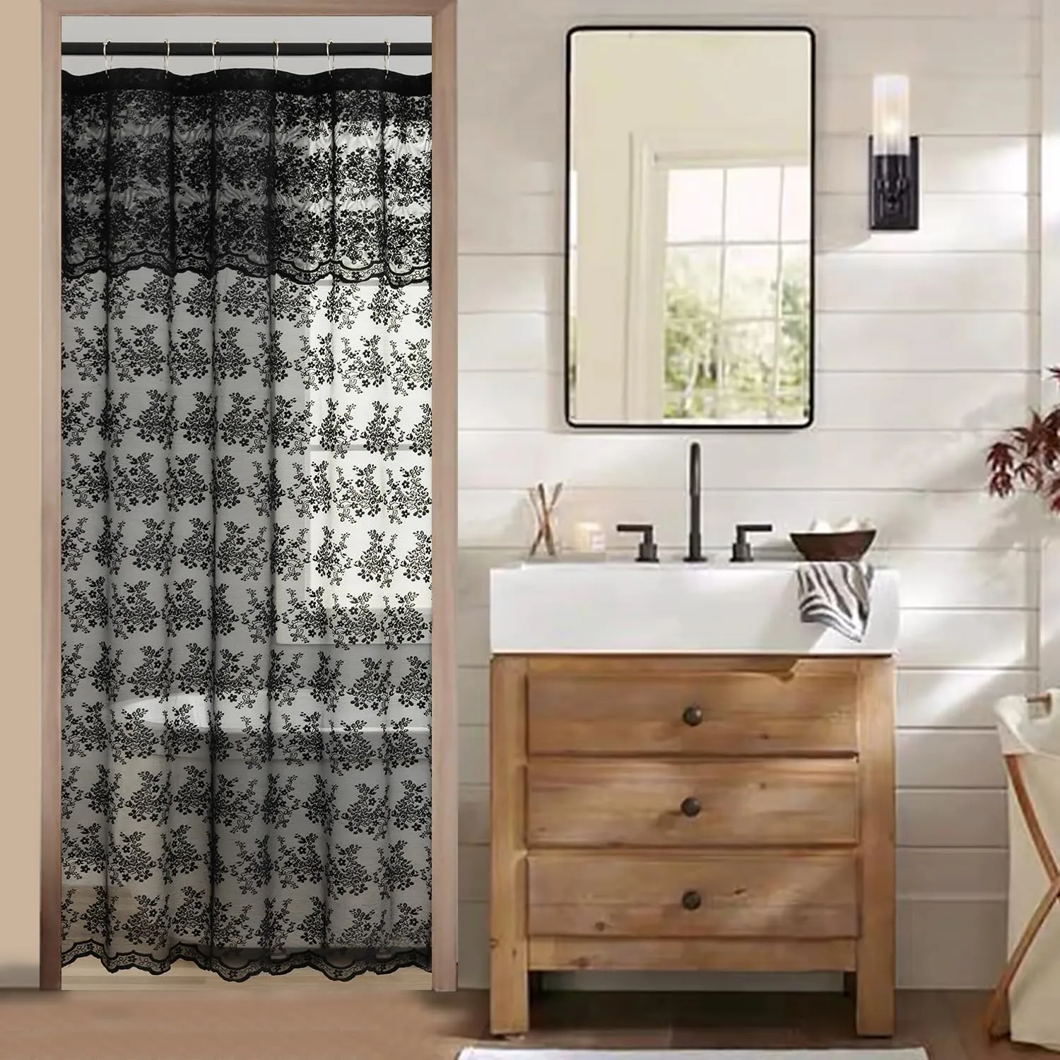 Stall Shower Curtain - Black Lace Shower Curtain 36 x 72 Inch with Attach Valance, Gothic Floral Small RV Narrow Shower Curtain for Bathroom Half Size Reinforced Holes Top 36 x 72 Inch