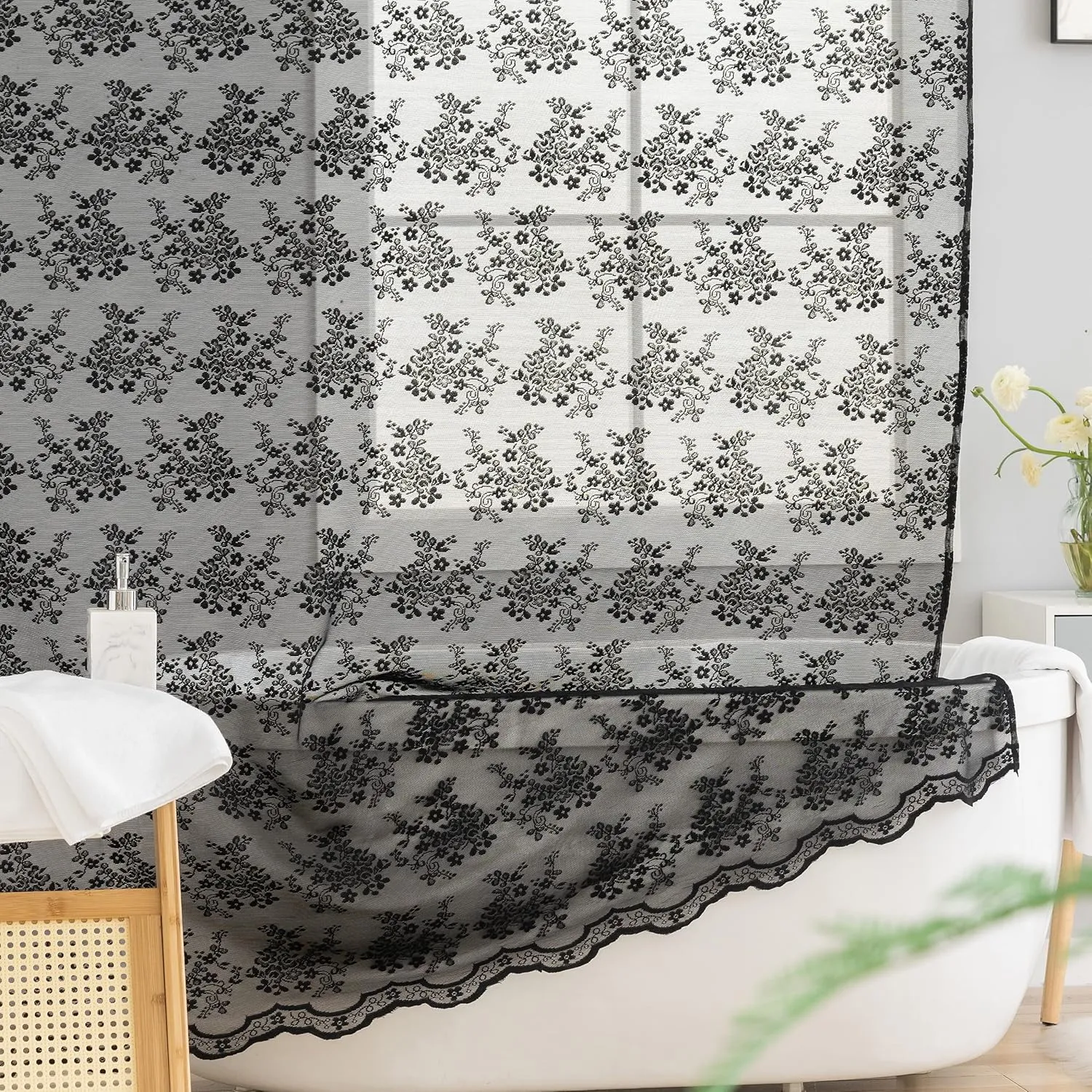 Stall Shower Curtain - Black Lace Shower Curtain 36 x 72 Inch with Attach Valance, Gothic Floral Small RV Narrow Shower Curtain for Bathroom Half Size Reinforced Holes Top 36 x 72 Inch
