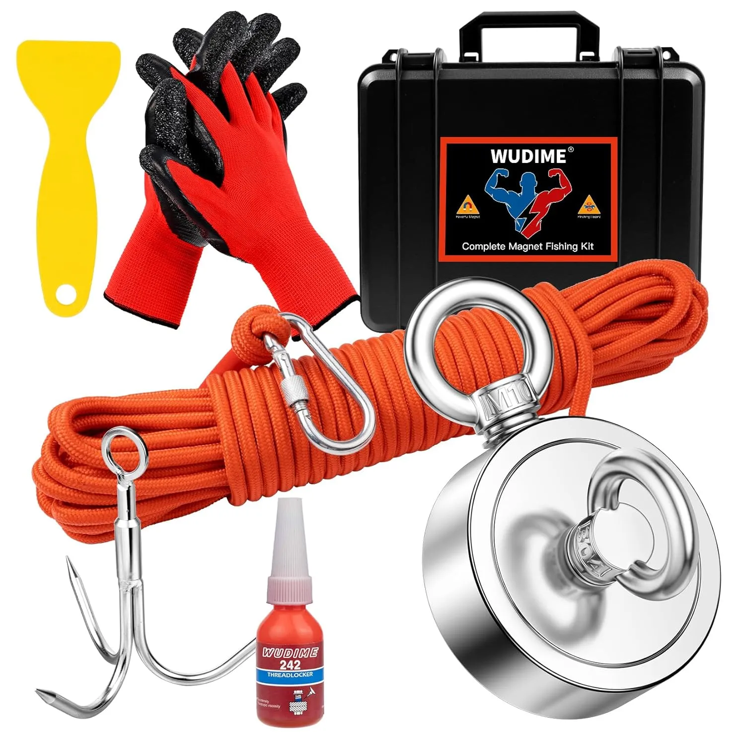 Strong Magnet Fishing Kit, 1000 Lbs Pulling Force Rare Earth Magnet with 65 FT Rope, Carabiner, Gloves, Grappling Hook and Carry Case for Retrieving in River and Magnetic Fishing