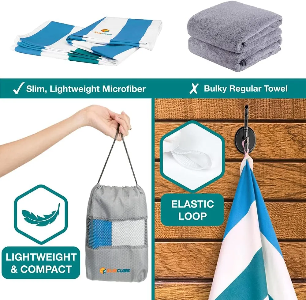 SUN CUBE Microfiber Beach Towel, Quick Dry Sand Free Beach Towel, Lightweight, Compact for Travel Swim Sports Camping, Packable Sand Resistant Towel Adult - Blue 78x35 Inches