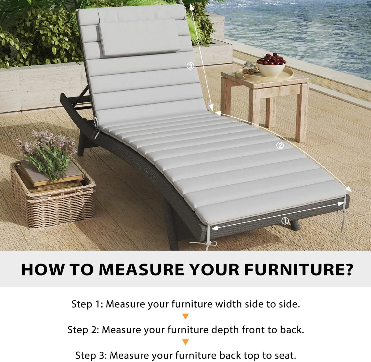 Sundale Outdoor Olefin Quilted Lounge Cushion Set of 2, Patio Foldable Chaise Lounger Cushion, Water-Resistant Lounge Chair Pad with Straps Light Gray, 72 x 21 inches