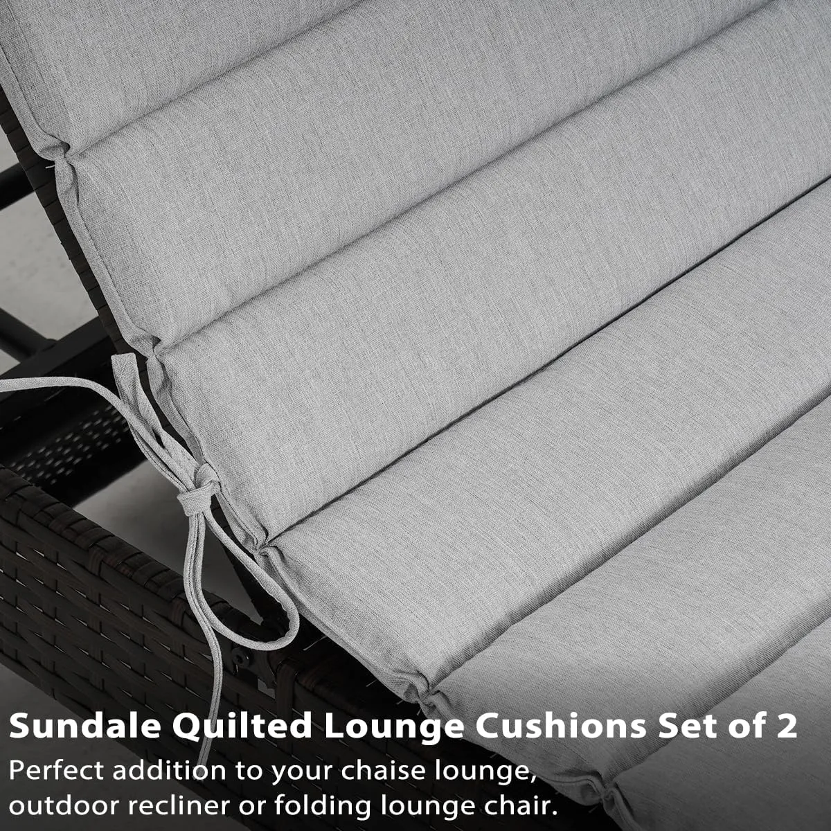 Sundale Outdoor Olefin Quilted Lounge Cushion Set of 2, Patio Foldable Chaise Lounger Cushion, Water-Resistant Lounge Chair Pad with Straps Light Gray, 72 x 21 inches