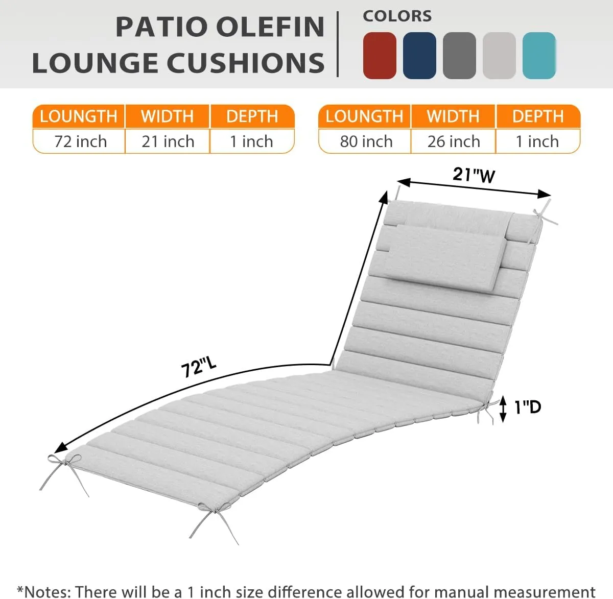 Sundale Outdoor Olefin Quilted Lounge Cushion Set of 2, Patio Foldable Chaise Lounger Cushion, Water-Resistant Lounge Chair Pad with Straps Light Gray, 72 x 21 inches