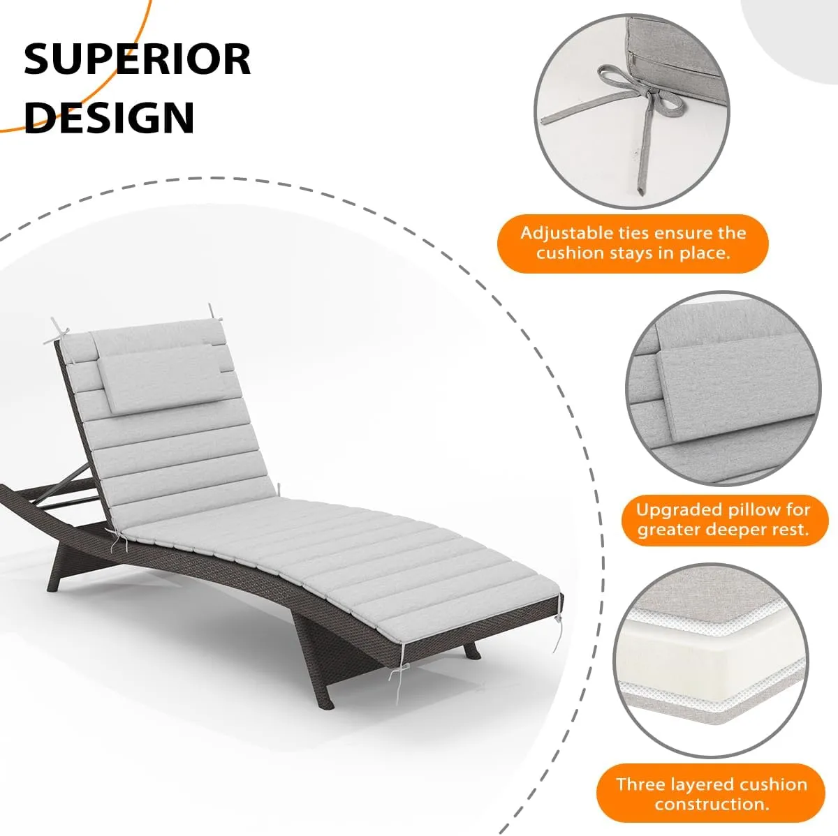 Sundale Outdoor Olefin Quilted Lounge Cushion Set of 2, Patio Foldable Chaise Lounger Cushion, Water-Resistant Lounge Chair Pad with Straps Light Gray, 72 x 21 inches