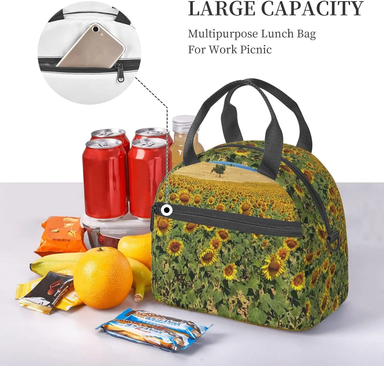 Sunflower Bush Lunch Bag Hand Tote Crossbody Insulated Lunch Bag Large Portable Lunch Box