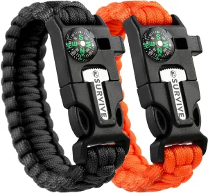 SURVIVE Paracord Bracelet, Pack of 2, Emergency Survival Kit Fire Starter Compass Whistle 8.5-10 ft Continuous Strand Flint Steel Scraper 5 in 1