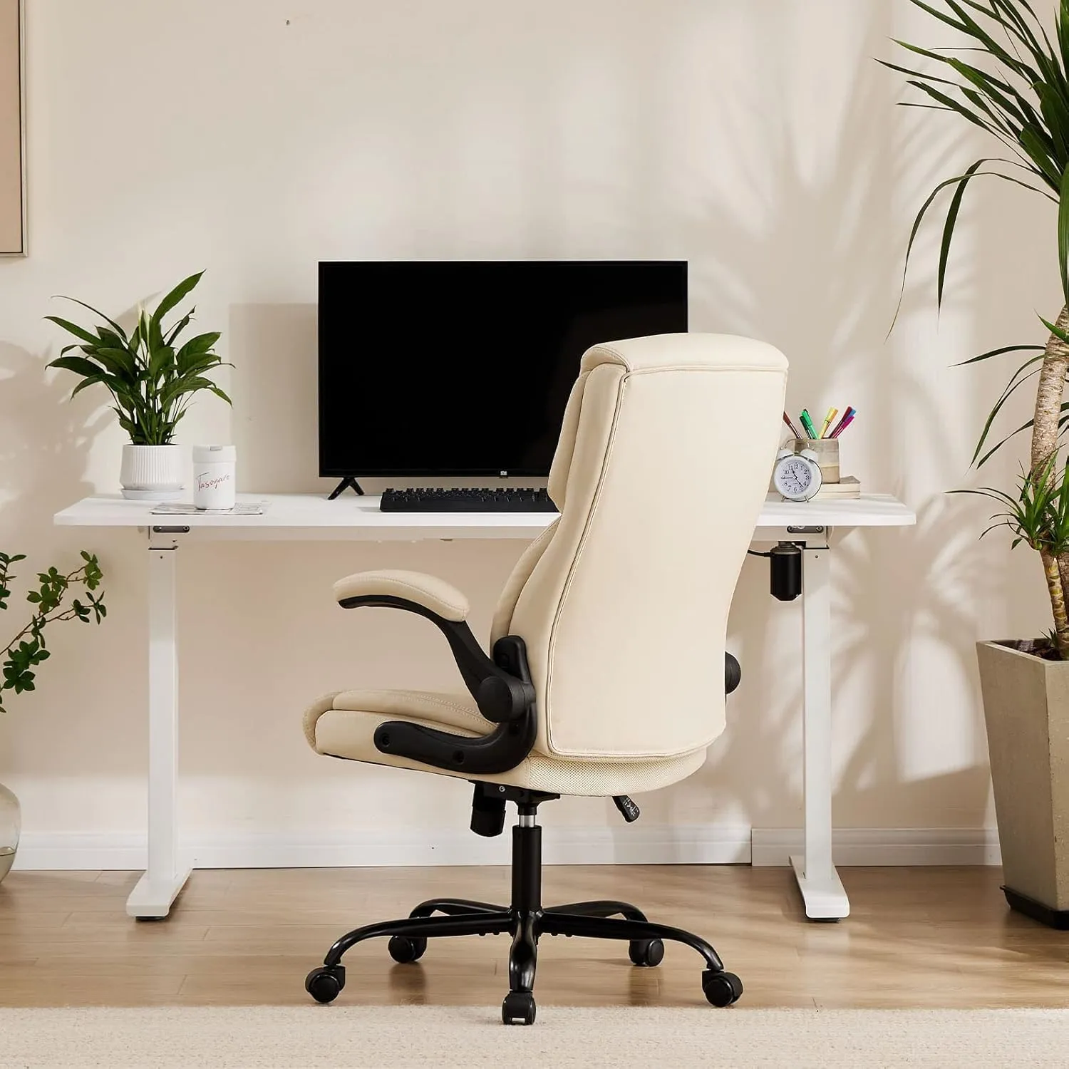 Sweetcrispy Computer Gaming Chair, Ergonomic High Back Heavy Duty Task Desk Office Chairs with Wheels, Flip-up Arms, Adjustable Height, PU Leather,Off-White