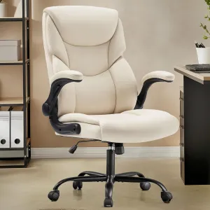 Sweetcrispy Computer Gaming Chair, Ergonomic High Back Heavy Duty Task Desk Office Chairs with Wheels, Flip-up Arms, Adjustable Height, PU Leather,Off-White
