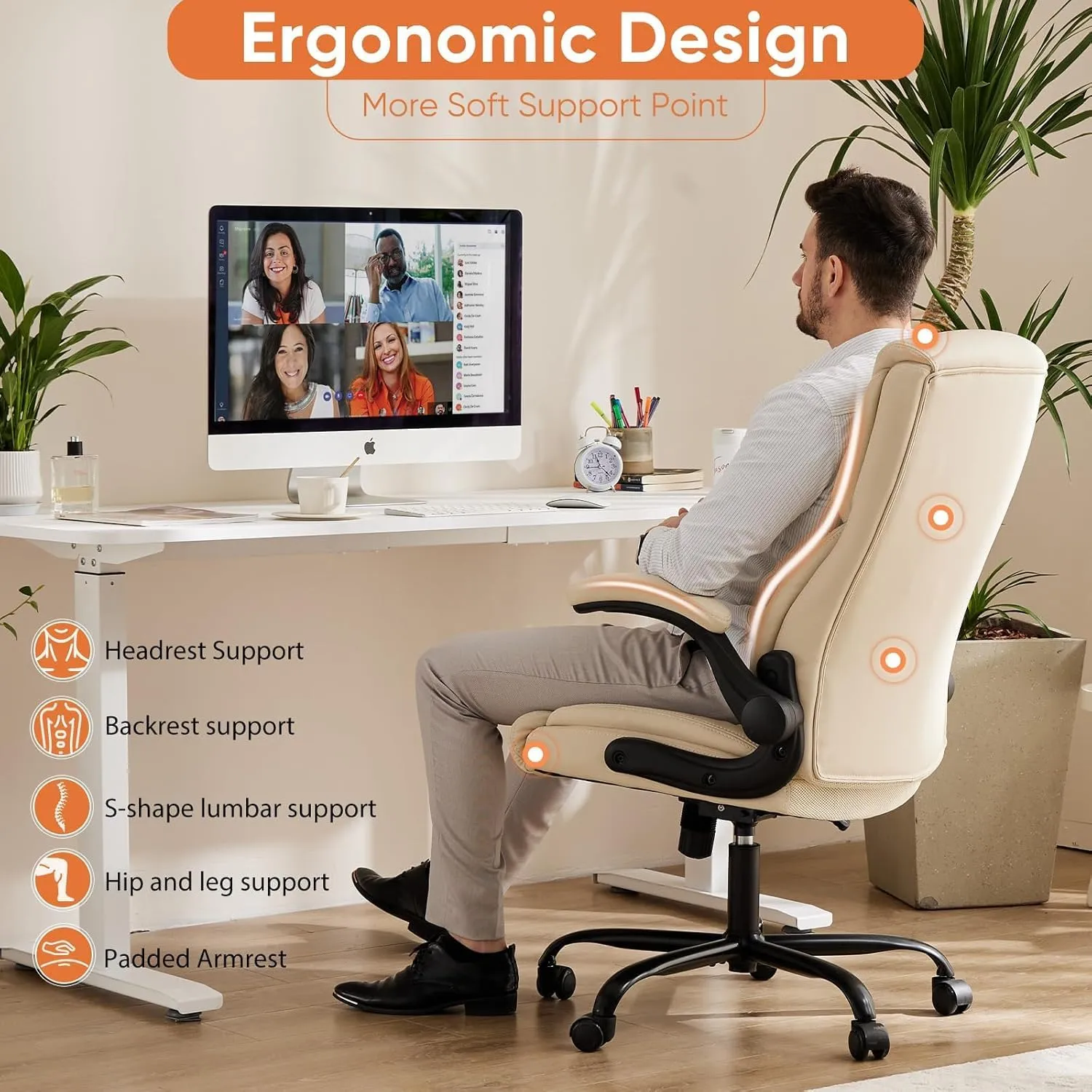 Sweetcrispy Computer Gaming Chair, Ergonomic High Back Heavy Duty Task Desk Office Chairs with Wheels, Flip-up Arms, Adjustable Height, PU Leather,Off-White