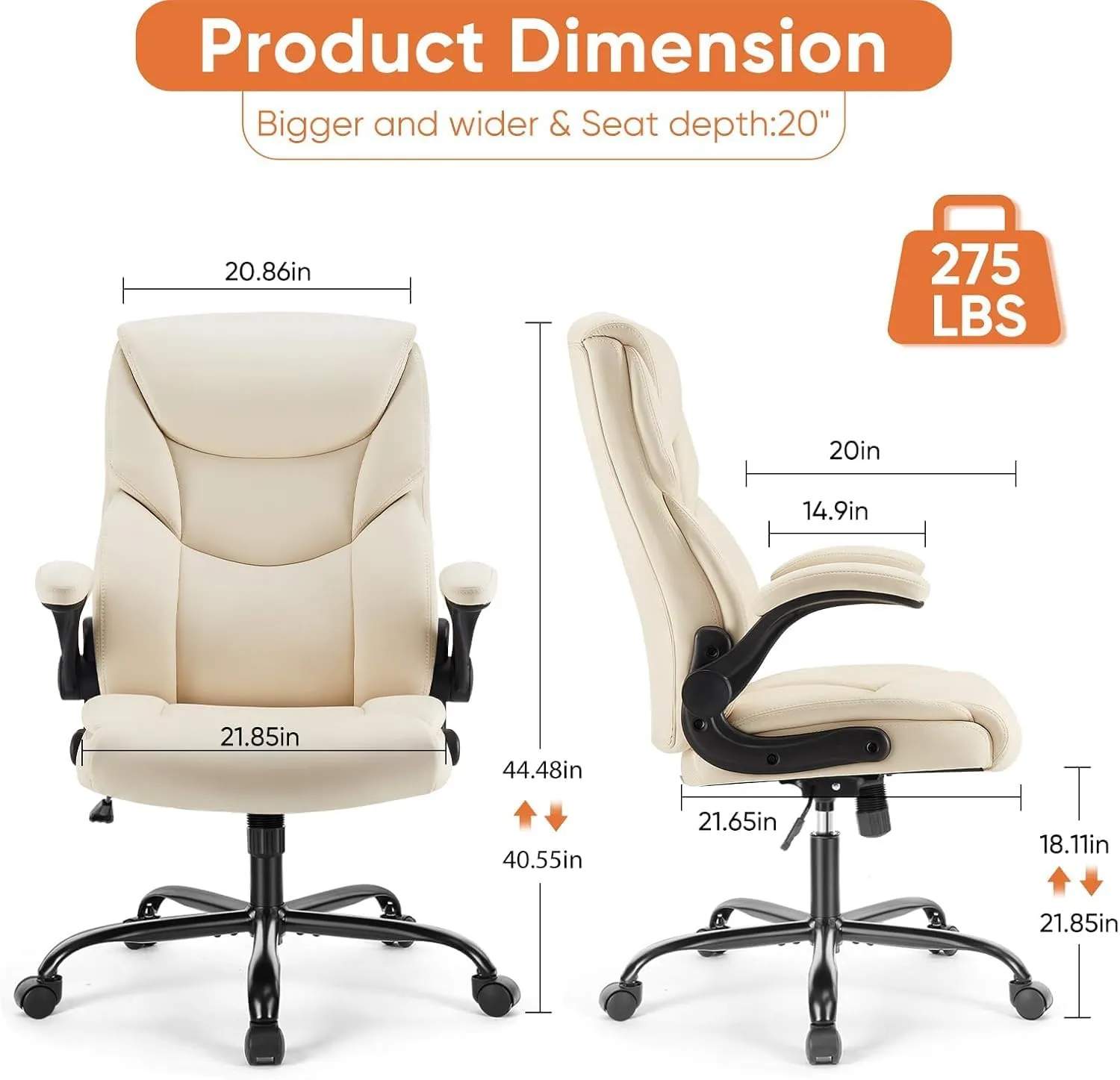 Sweetcrispy Computer Gaming Chair, Ergonomic High Back Heavy Duty Task Desk Office Chairs with Wheels, Flip-up Arms, Adjustable Height, PU Leather,Off-White