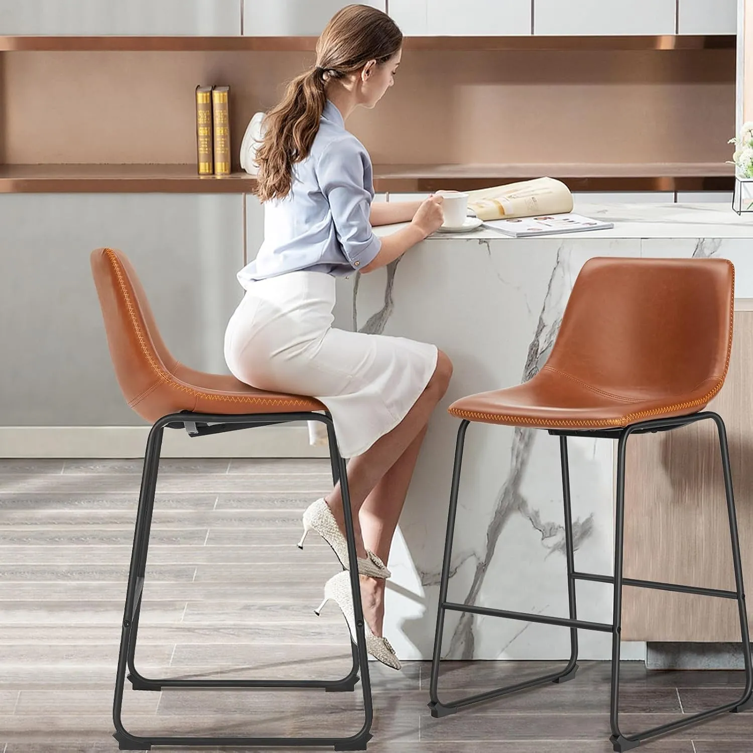 Sweetcrispy Counter Height Bar Stools Set of 2, 26 inch Height Stool Faux Leather Barstools with Back, Armless Kitchen Island Countertop Comfortable Modern Chairs with Metal Legs - Brown