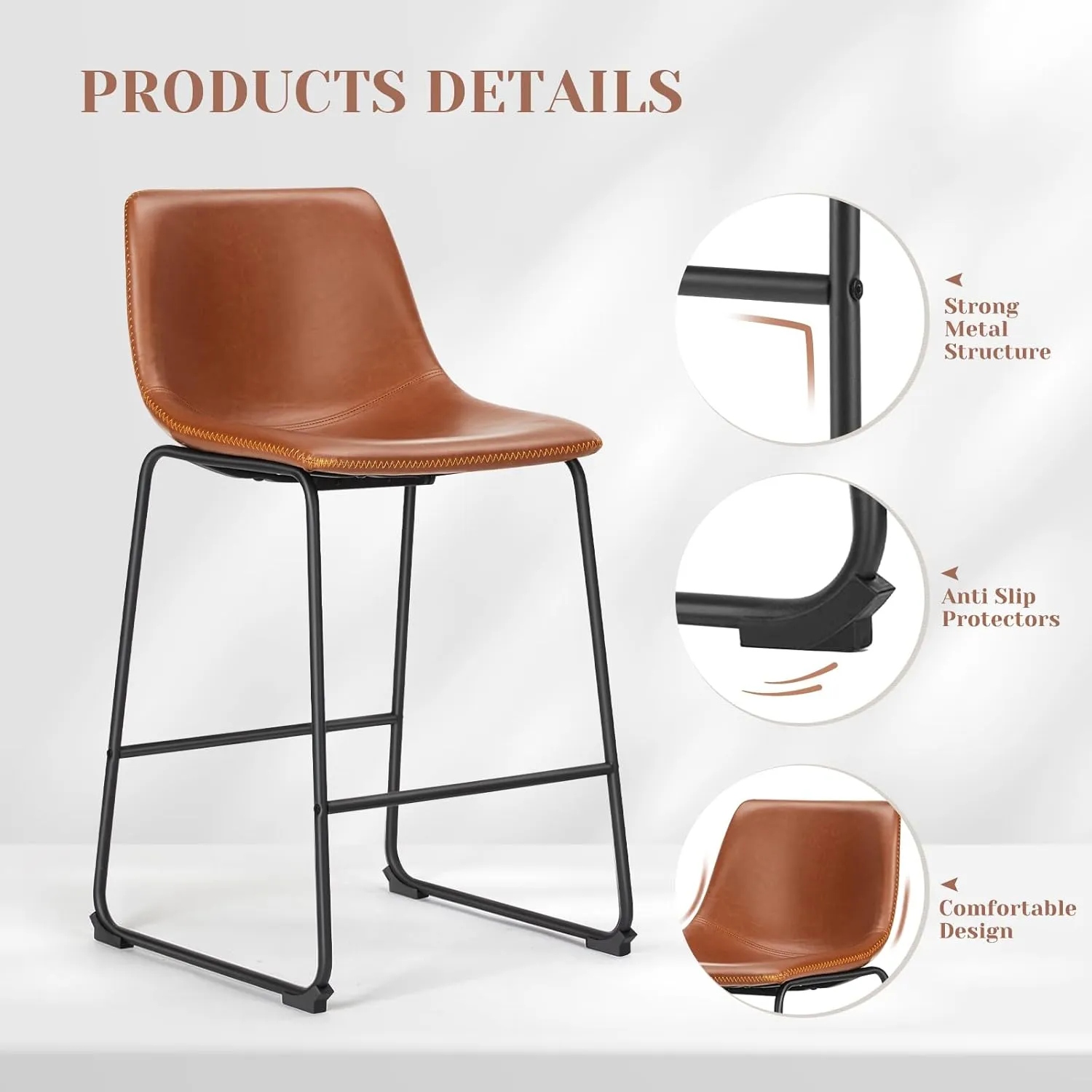 Sweetcrispy Counter Height Bar Stools Set of 2, 26 inch Height Stool Faux Leather Barstools with Back, Armless Kitchen Island Countertop Comfortable Modern Chairs with Metal Legs - Brown