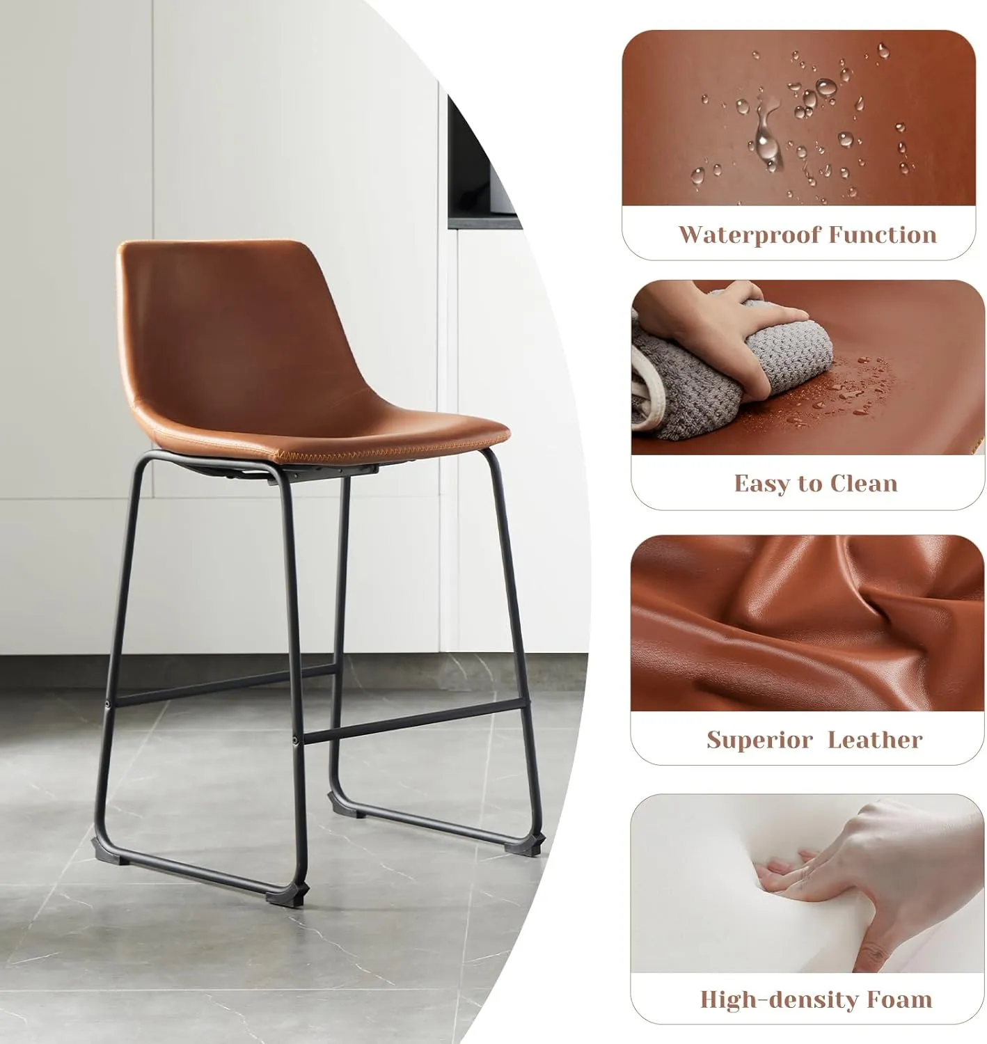 Sweetcrispy Counter Height Bar Stools Set of 2, 26 inch Height Stool Faux Leather Barstools with Back, Armless Kitchen Island Countertop Comfortable Modern Chairs with Metal Legs - Brown