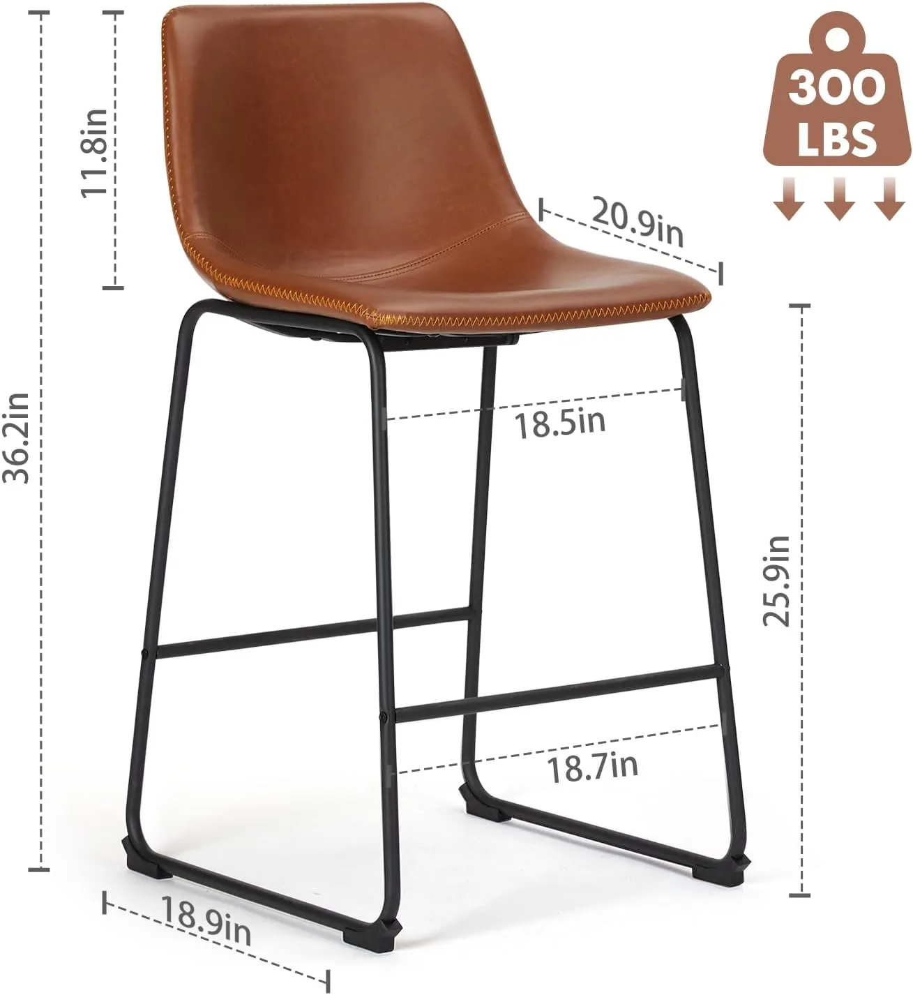 Sweetcrispy Counter Height Bar Stools Set of 2, 26 inch Height Stool Faux Leather Barstools with Back, Armless Kitchen Island Countertop Comfortable Modern Chairs with Metal Legs - Brown