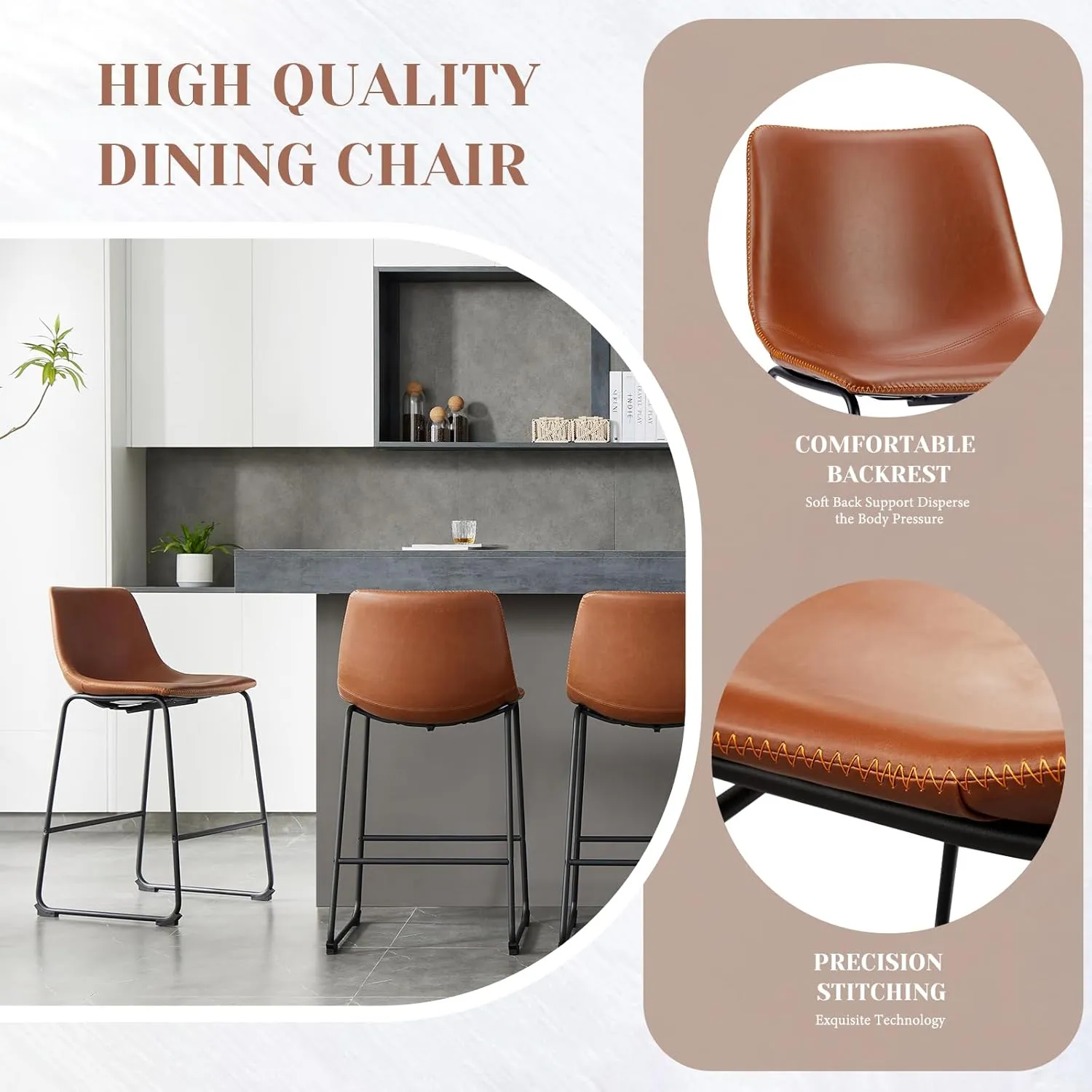 Sweetcrispy Counter Height Bar Stools Set of 2, 26 inch Height Stool Faux Leather Barstools with Back, Armless Kitchen Island Countertop Comfortable Modern Chairs with Metal Legs - Brown