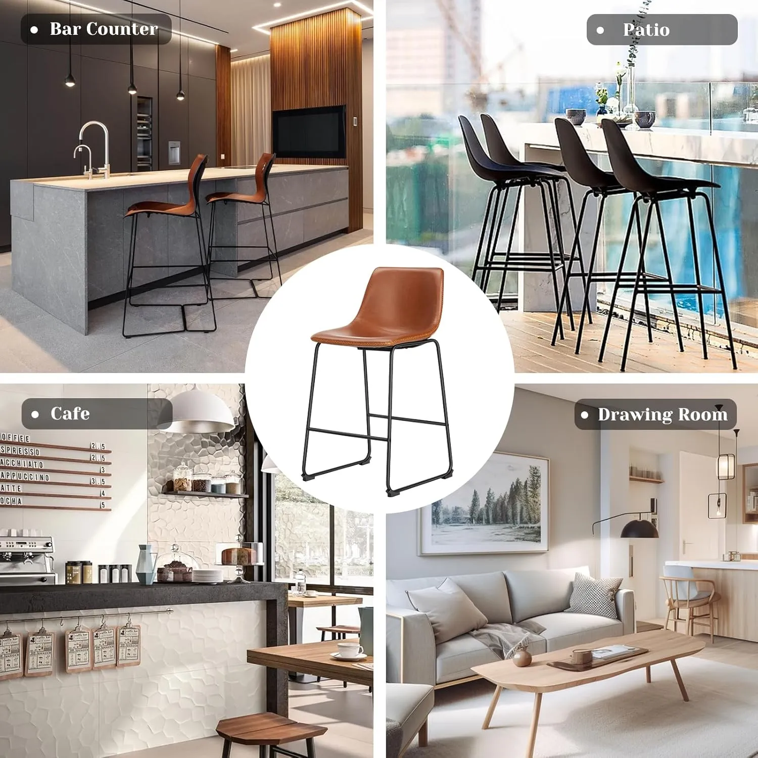 Sweetcrispy Counter Height Bar Stools Set of 2, 26 inch Height Stool Faux Leather Barstools with Back, Armless Kitchen Island Countertop Comfortable Modern Chairs with Metal Legs - Brown