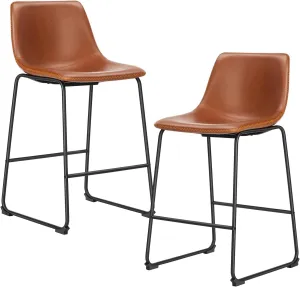Sweetcrispy Counter Height Bar Stools Set of 2, 26 inch Height Stool Faux Leather Barstools with Back, Armless Kitchen Island Countertop Comfortable Modern Chairs with Metal Legs - Brown