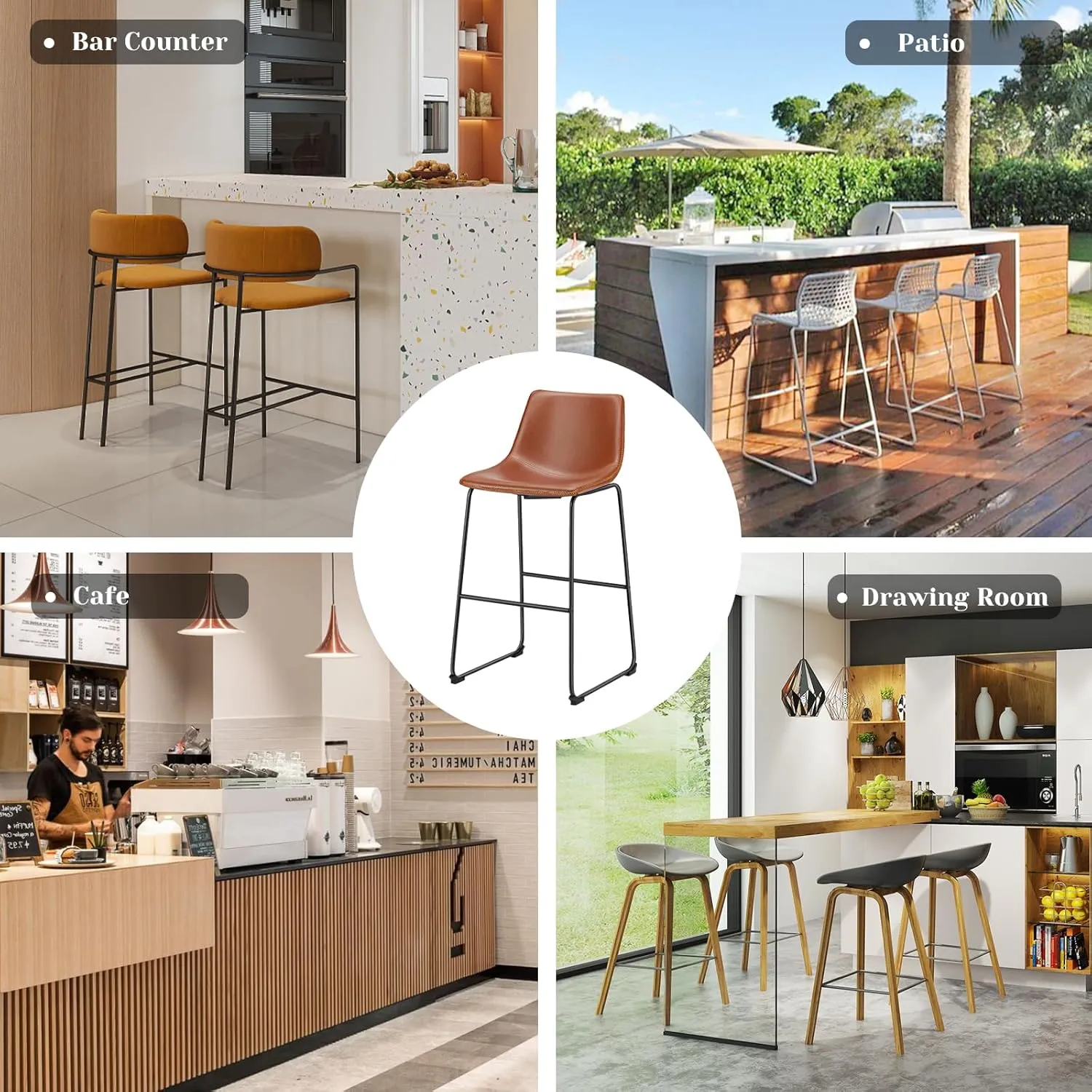 Sweetcrispy Counter Height Bar Stools Set of 2, 30 inch Height Stool Faux Leather Barstools with Back, Armless Kitchen Island Countertop Comfortable Modern Chairs with Metal Legs - Brown