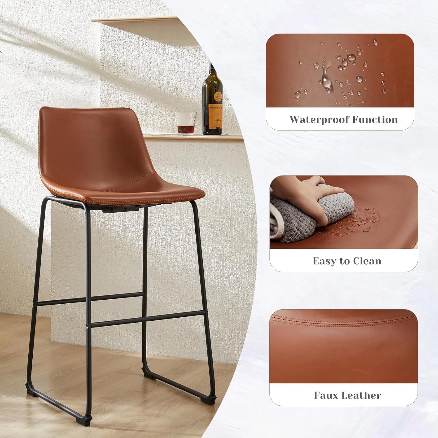 Sweetcrispy Counter Height Bar Stools Set of 2, 30 inch Height Stool Faux Leather Barstools with Back, Armless Kitchen Island Countertop Comfortable Modern Chairs with Metal Legs - Brown