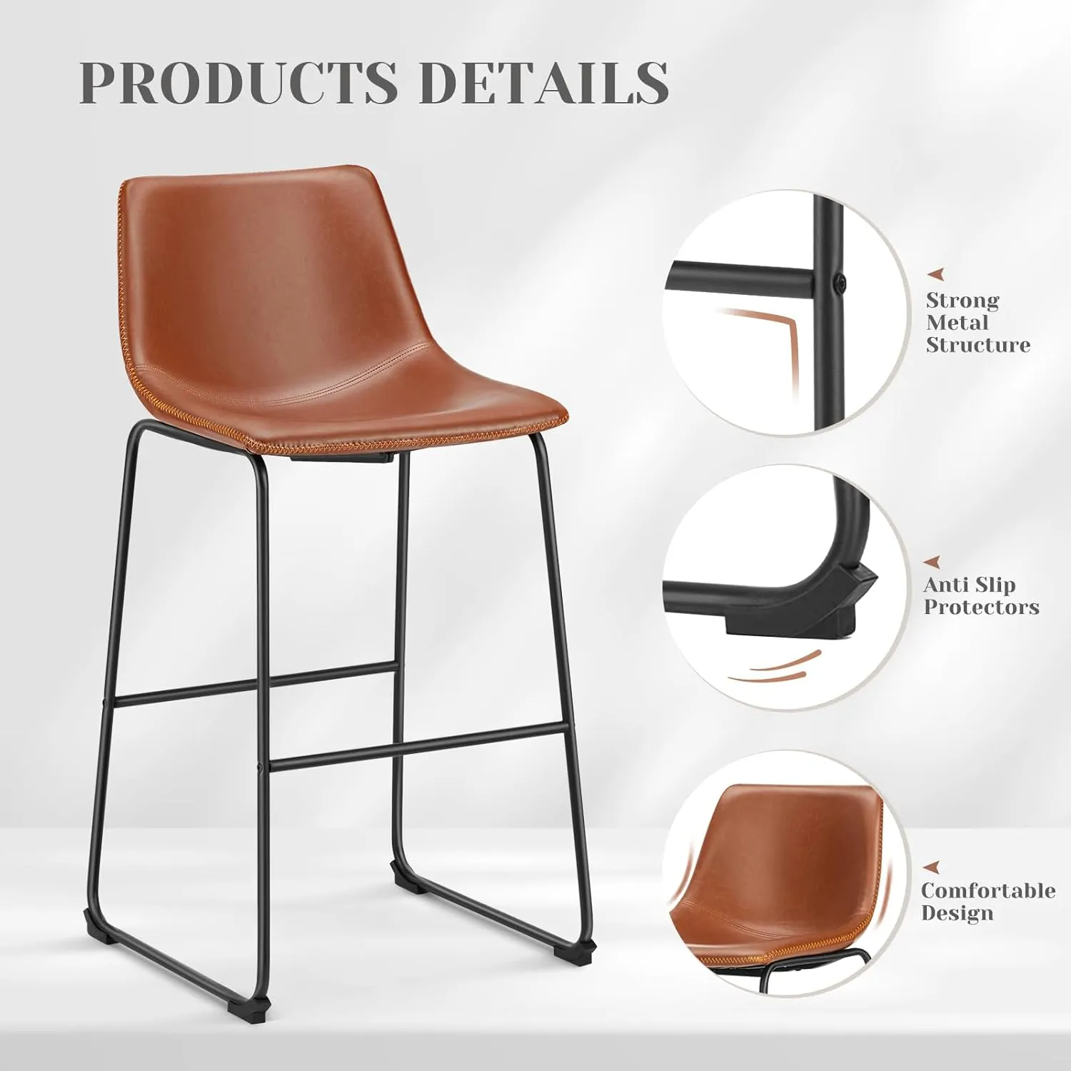 Sweetcrispy Counter Height Bar Stools Set of 2, 30 inch Height Stool Faux Leather Barstools with Back, Armless Kitchen Island Countertop Comfortable Modern Chairs with Metal Legs - Brown