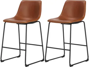 Sweetcrispy Counter Height Bar Stools Set of 2, Modern Counter Stool Faux Leather Barstools with Back, 26 inch Seat Height Island Stools Countertop Comfortable Brown Bar Chairs with Metal Legs
