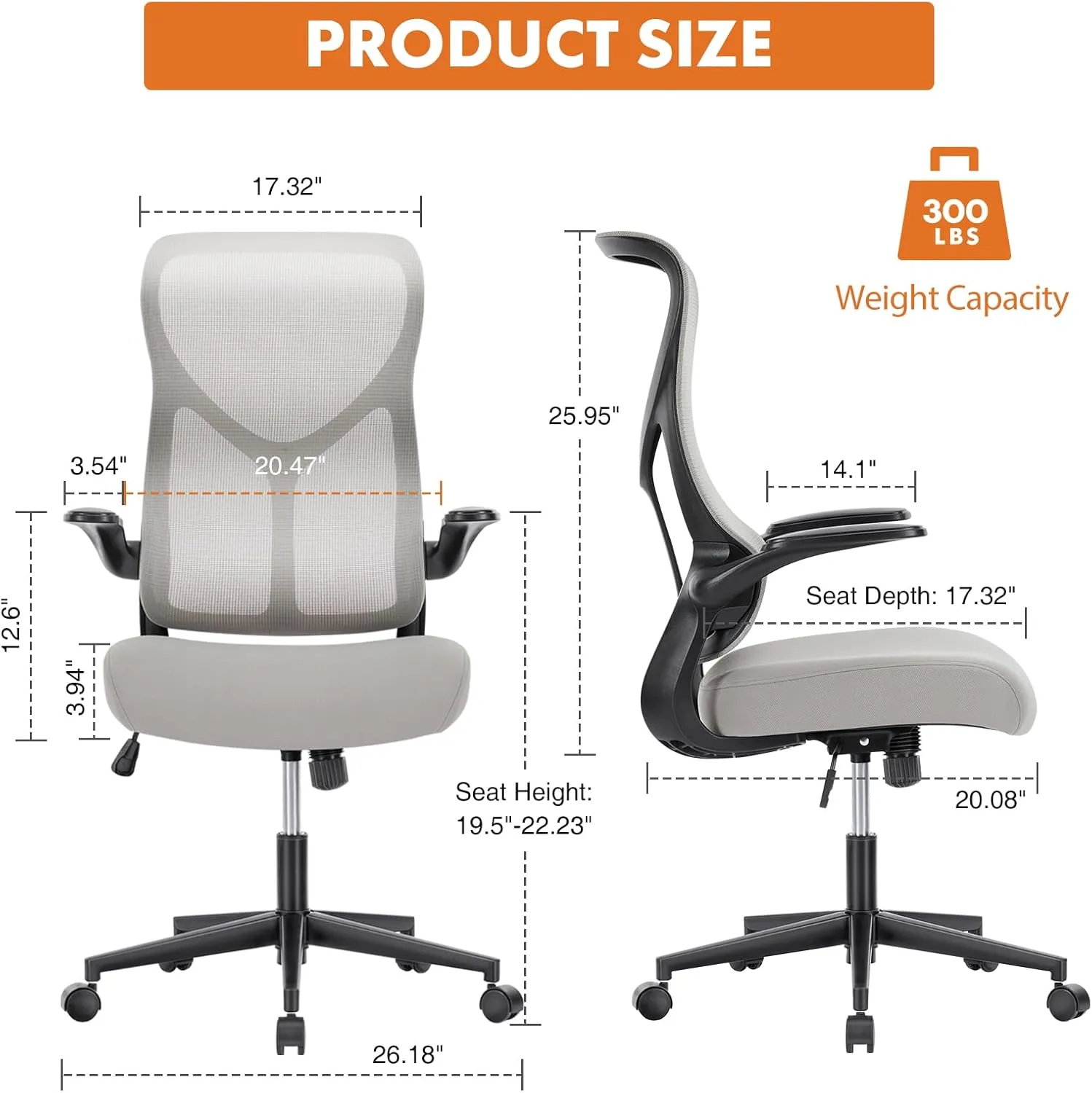 Sweetcrispy Ergonomic Office Desk Computer Chair, Comfy High Back Swivel Rolling Home Mesh Gaming Chairs with Wheels, Lumbar Support, Flip-up Arms,120°tilt for Bedroom, Study, Work, Grey