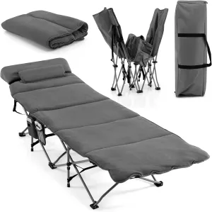 Tangkula Camping Cot for Adults, Folding Sleeping Cot with Removable Mattress, Pillow, Side Pocket, Portable Indoor Outdoor Cot Bed with Carry Bags for Travel, Camp, Office, Home (Grey)
