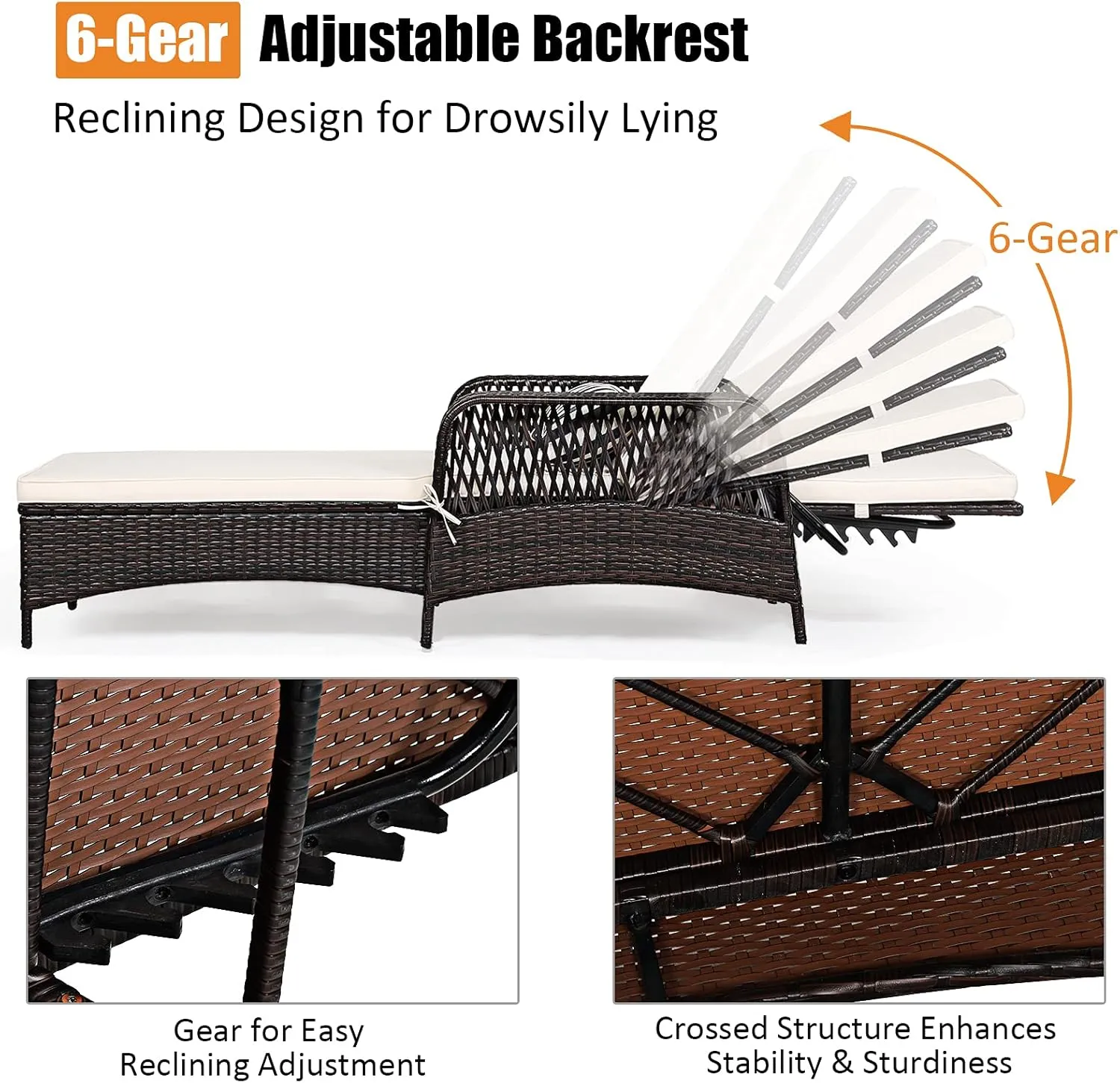 Tangkula Patio Wicker Chaise Lounge Chair, Outdoor Rattan Reclining Chaise w/ 6-Gear Adjustable Backrest, Thick Padded Cushion & Removable Lumbar Pillow, Ideal for Lawn, Beach, Balcony (Mix Brown)