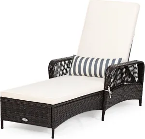 Tangkula Patio Wicker Chaise Lounge Chair, Outdoor Rattan Reclining Chaise w/ 6-Gear Adjustable Backrest, Thick Padded Cushion & Removable Lumbar Pillow, Ideal for Lawn, Beach, Balcony (Mix Brown)