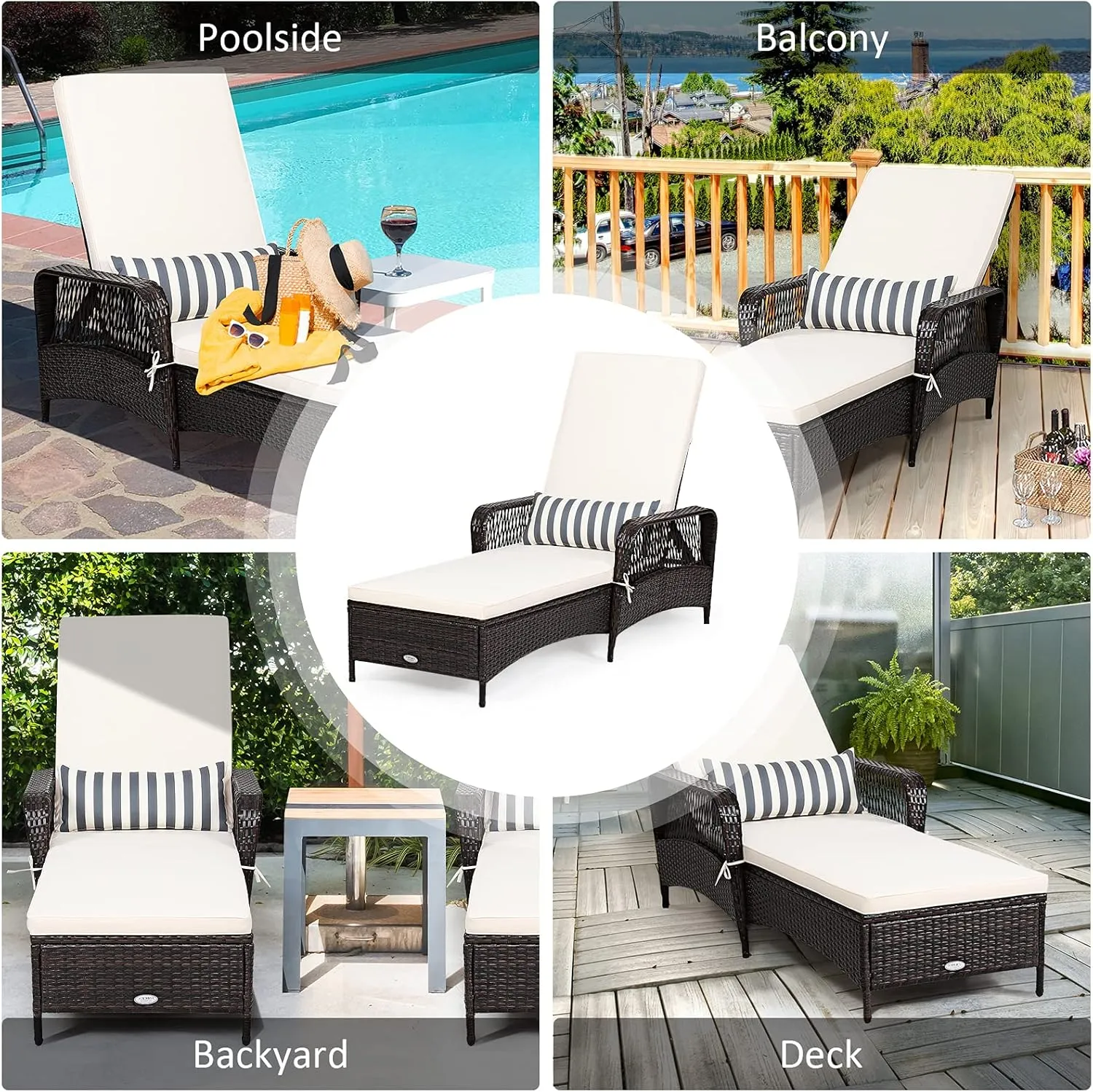 Tangkula Patio Wicker Chaise Lounge Chair, Outdoor Rattan Reclining Chaise w/ 6-Gear Adjustable Backrest, Thick Padded Cushion & Removable Lumbar Pillow, Ideal for Lawn, Beach, Balcony (Mix Brown)