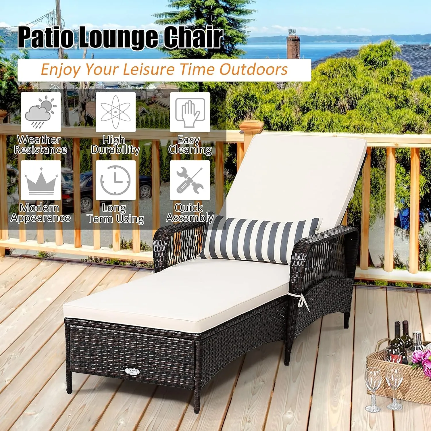 Tangkula Patio Wicker Chaise Lounge Chair, Outdoor Rattan Reclining Chaise w/ 6-Gear Adjustable Backrest, Thick Padded Cushion & Removable Lumbar Pillow, Ideal for Lawn, Beach, Balcony (Mix Brown)
