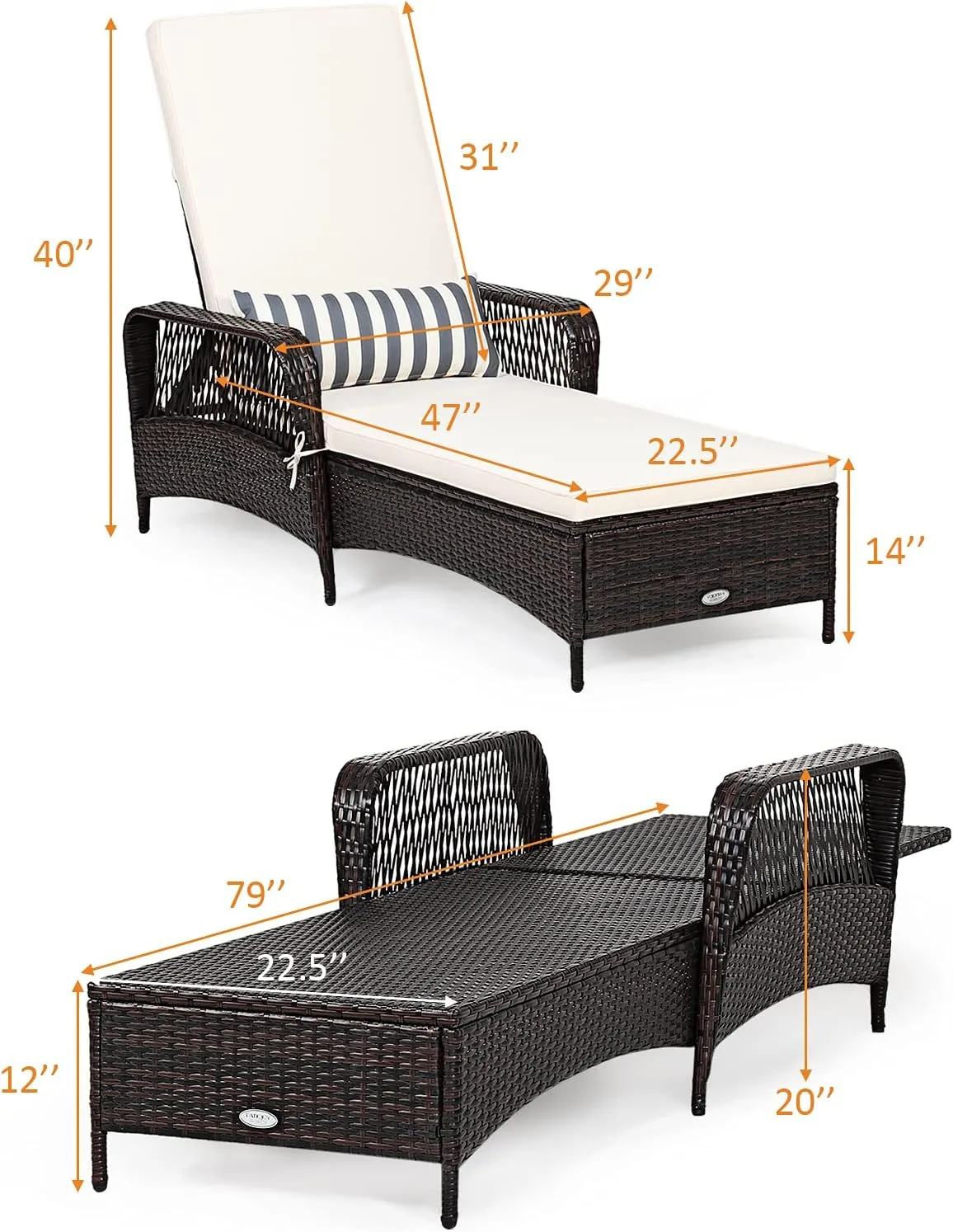 Tangkula Patio Wicker Chaise Lounge Chair, Outdoor Rattan Reclining Chaise w/ 6-Gear Adjustable Backrest, Thick Padded Cushion & Removable Lumbar Pillow, Ideal for Lawn, Beach, Balcony (Mix Brown)