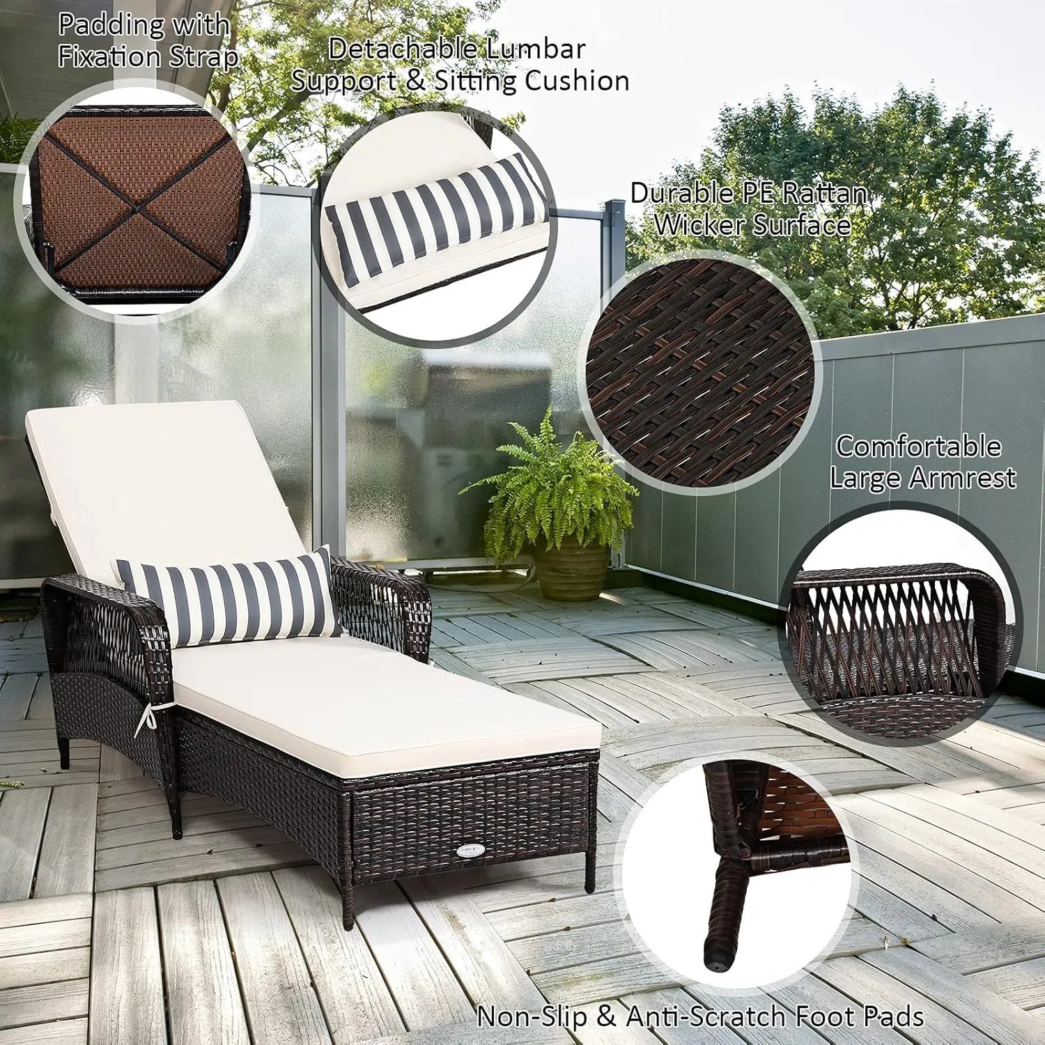 Tangkula Patio Wicker Chaise Lounge Chair, Outdoor Rattan Reclining Chaise w/ 6-Gear Adjustable Backrest, Thick Padded Cushion & Removable Lumbar Pillow, Ideal for Lawn, Beach, Balcony (Mix Brown)